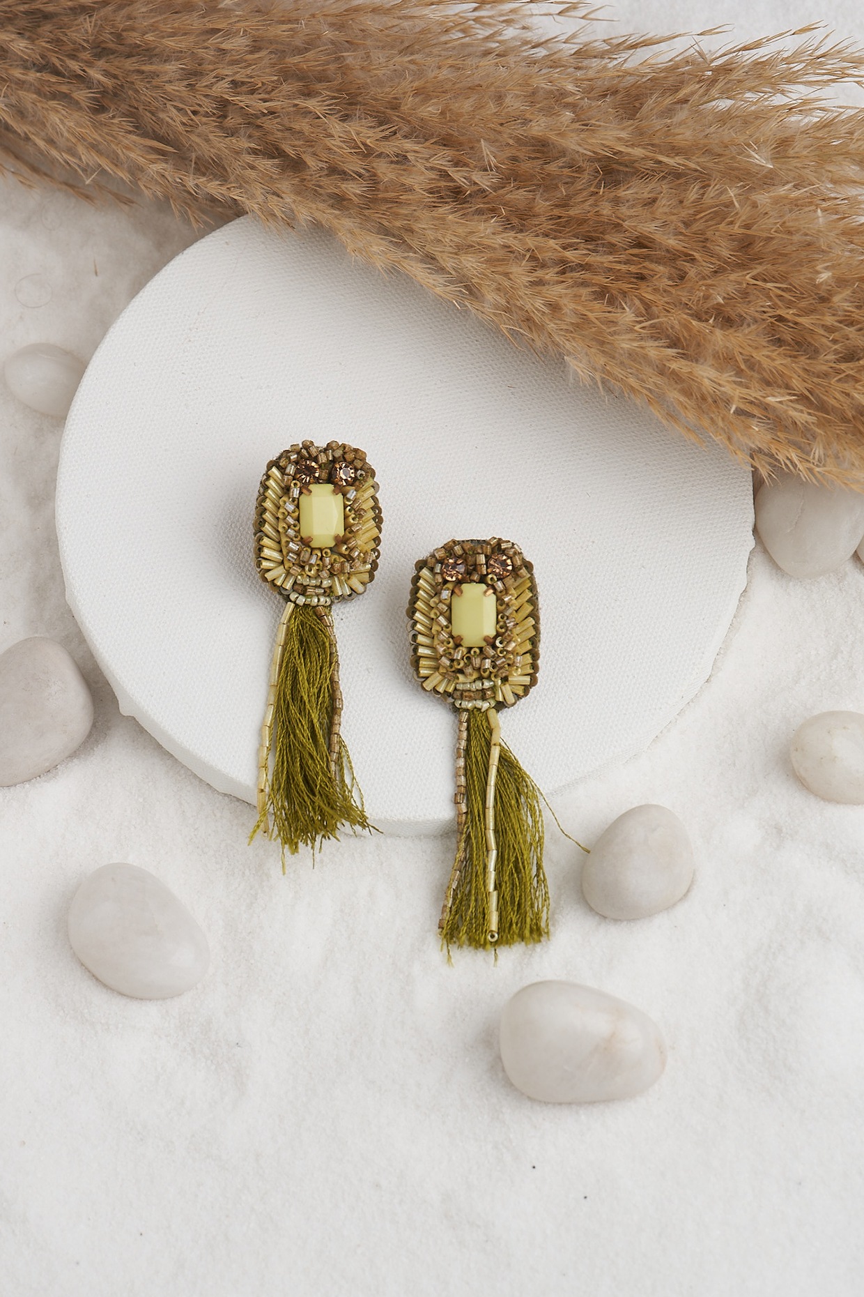 Buy Rose Gold and Olive Green Diamond-shape Earrings With Chain Tassel.  Dangling Beaded Earrings Olivine Crystal and Metal Tassel on Hook S-371  Online in India - Etsy